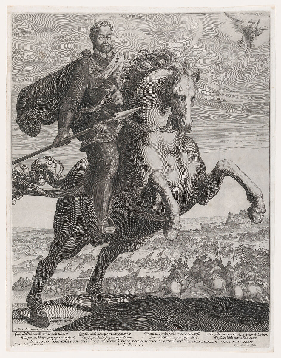Portrait of Emperor Rudolph II on Horseback, Aegidius Sadeler II (Netherlandish, Antwerp 1568–1629 Prague), Engraving 
