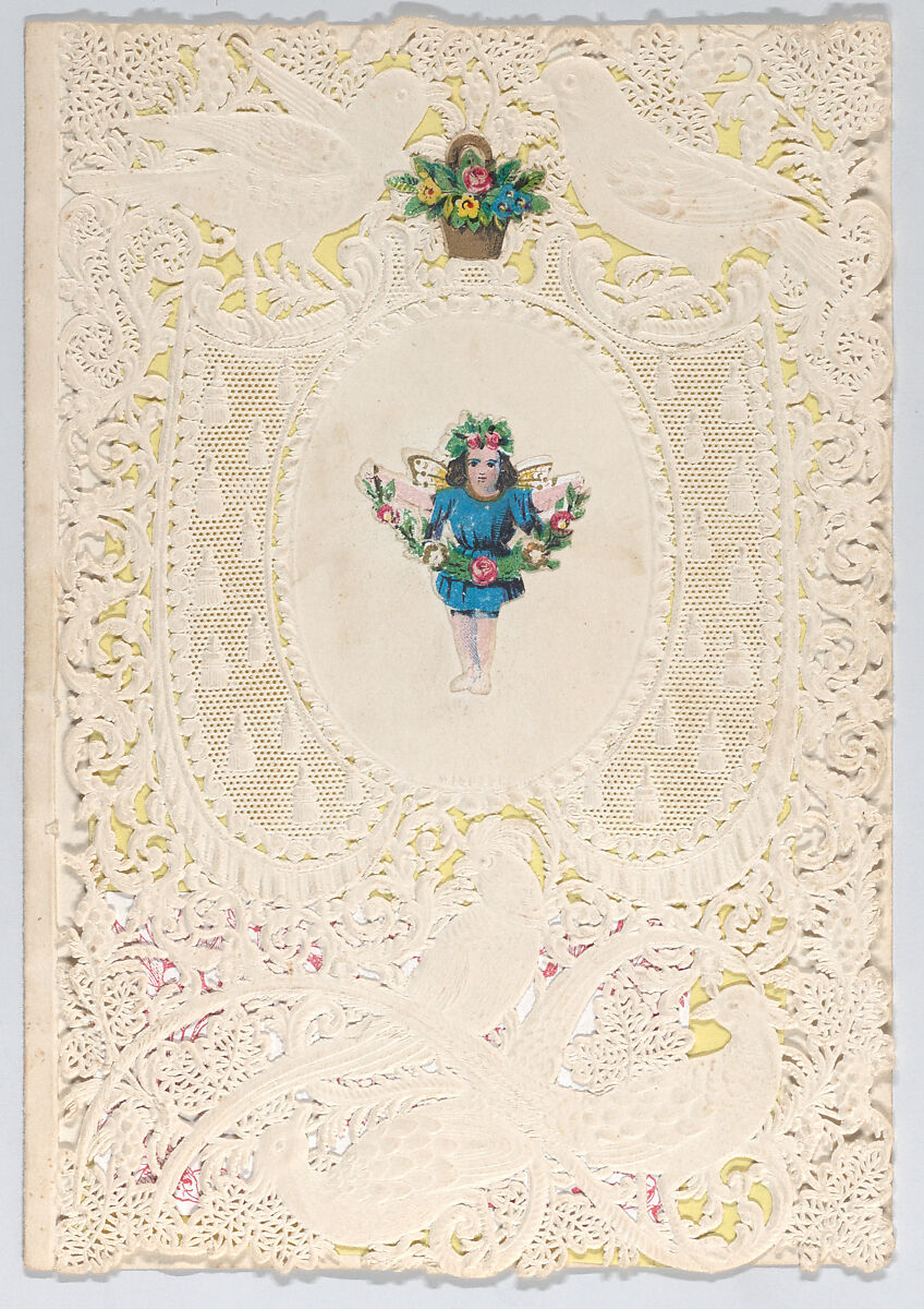 Valentine, Anonymous, Cameo-embossed, open-work lace paper, chromolithography, colored paper 