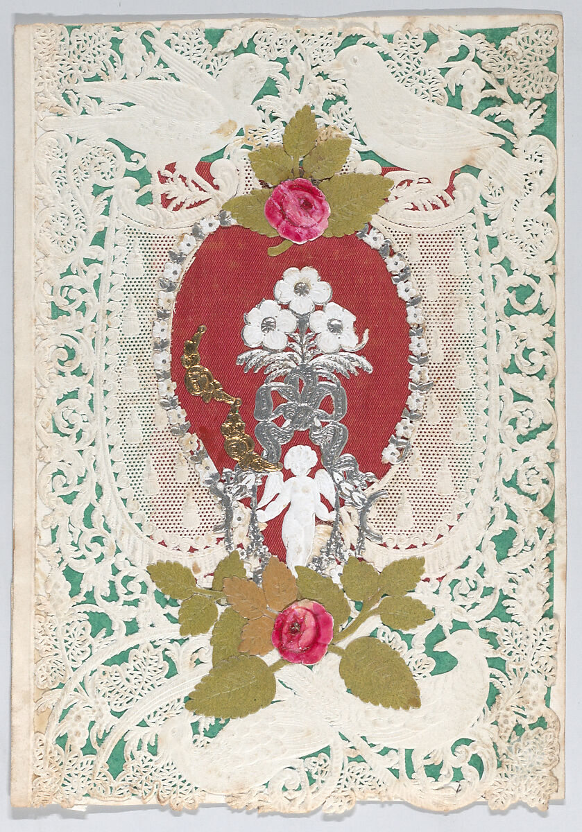 Valentine, Anonymous, Cameo-embossed, open-work lace paper, chromolithography, colored paper, satin fabric 