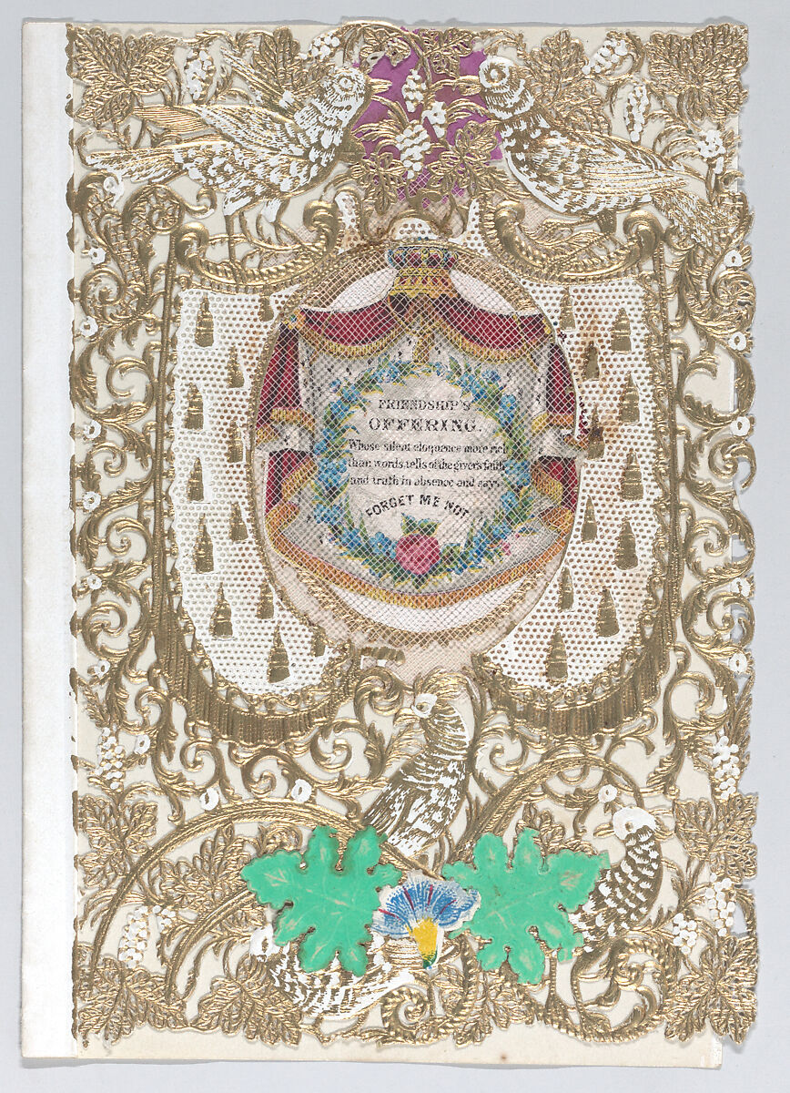 Valentine, Anonymous, Cameo-embossed, open-work lace paper, chromolithography, colored paper, ink