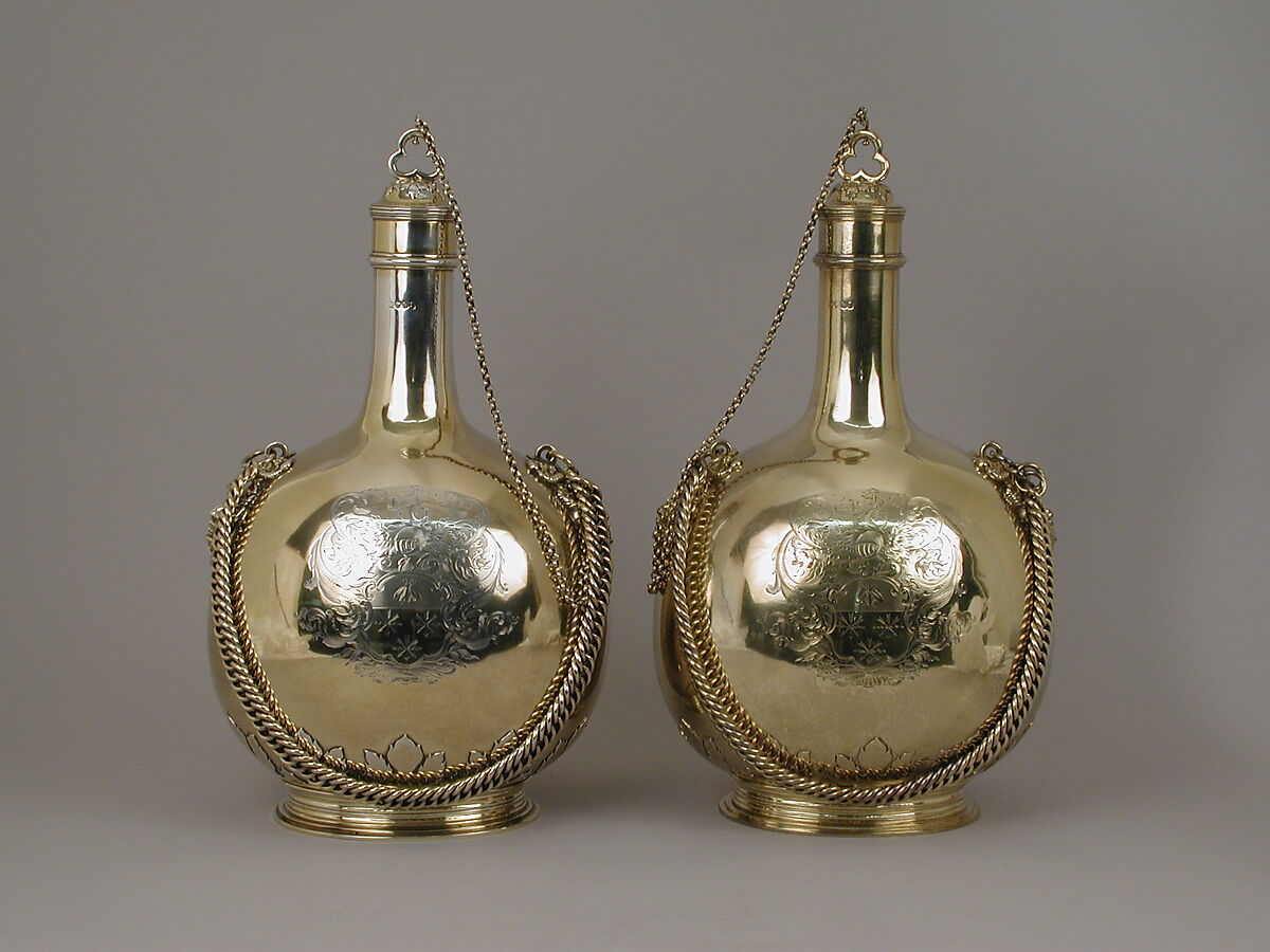 Pilgrim bottle (one of a pair), William Elliott (British, London 1762–1854 London), Gilt silver, cork, British, London