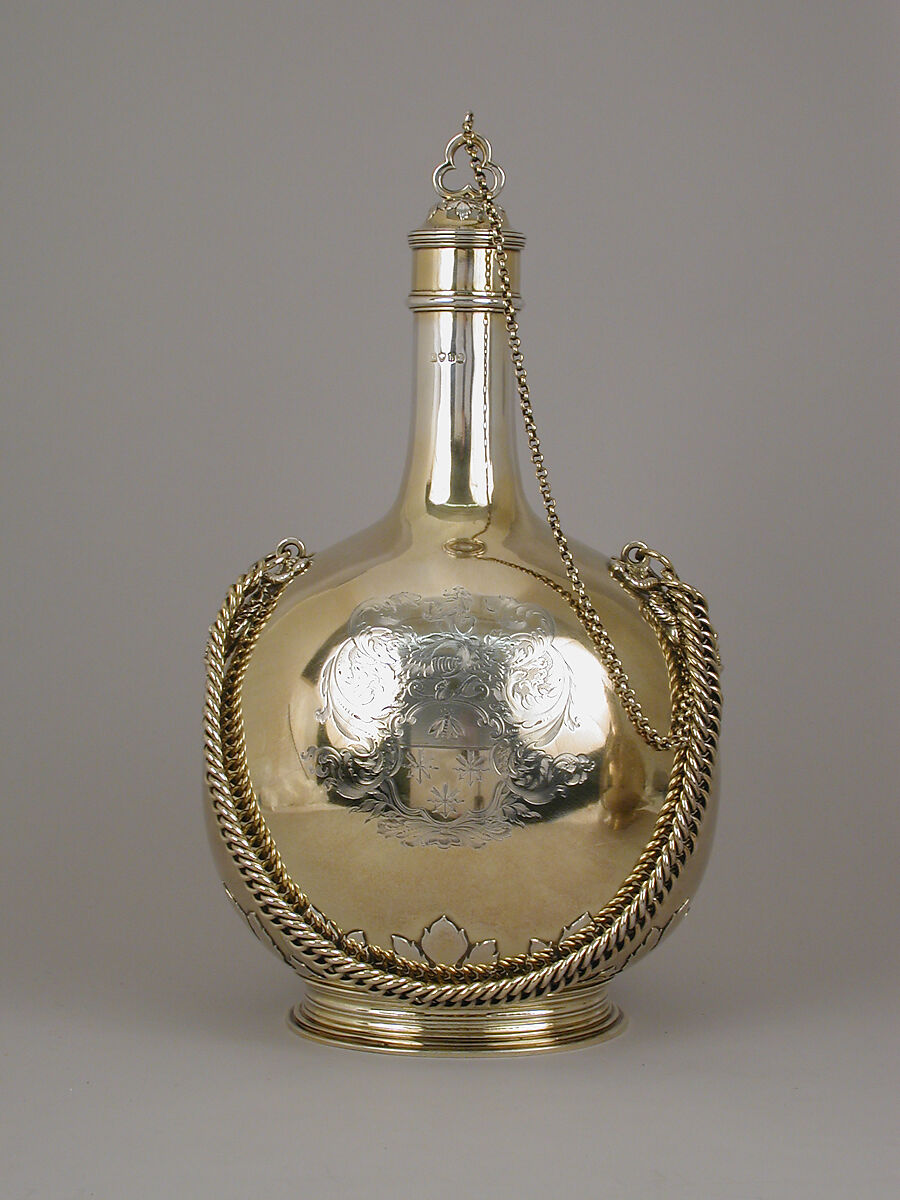 Pilgrim bottle (one of a pair), William Elliott (British, London 1762–1854 London), Gilt silver, cork, British, London 