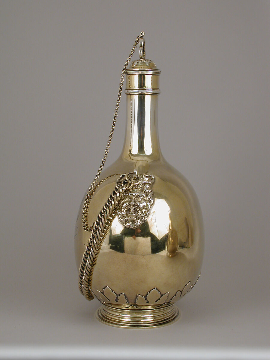 Pilgrim bottle (one of a pair), William Elliott (British, London 1762–1854 London), Gilt silver, cork, British, London