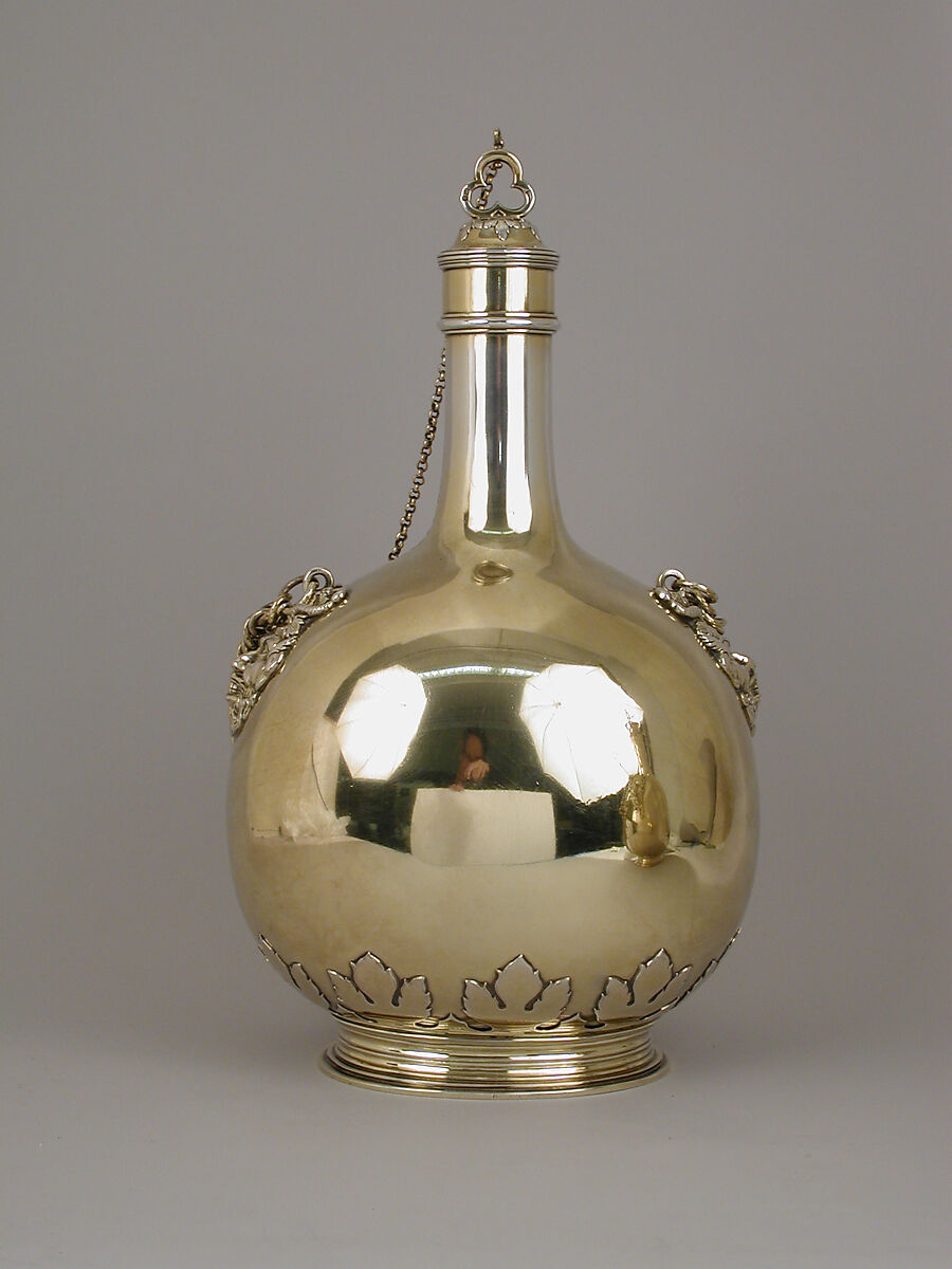 Pilgrim bottle (one of a pair), William Elliott (British, London 1762–1854 London), Gilt silver, cork, British, London