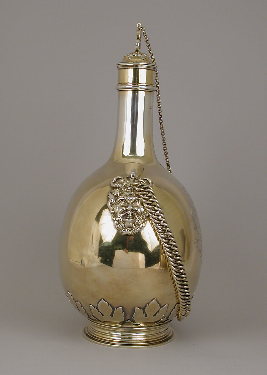Pilgrim bottle (one of a pair), William Elliott (British, London 1762–1854 London), Gilt silver, cork, British, London