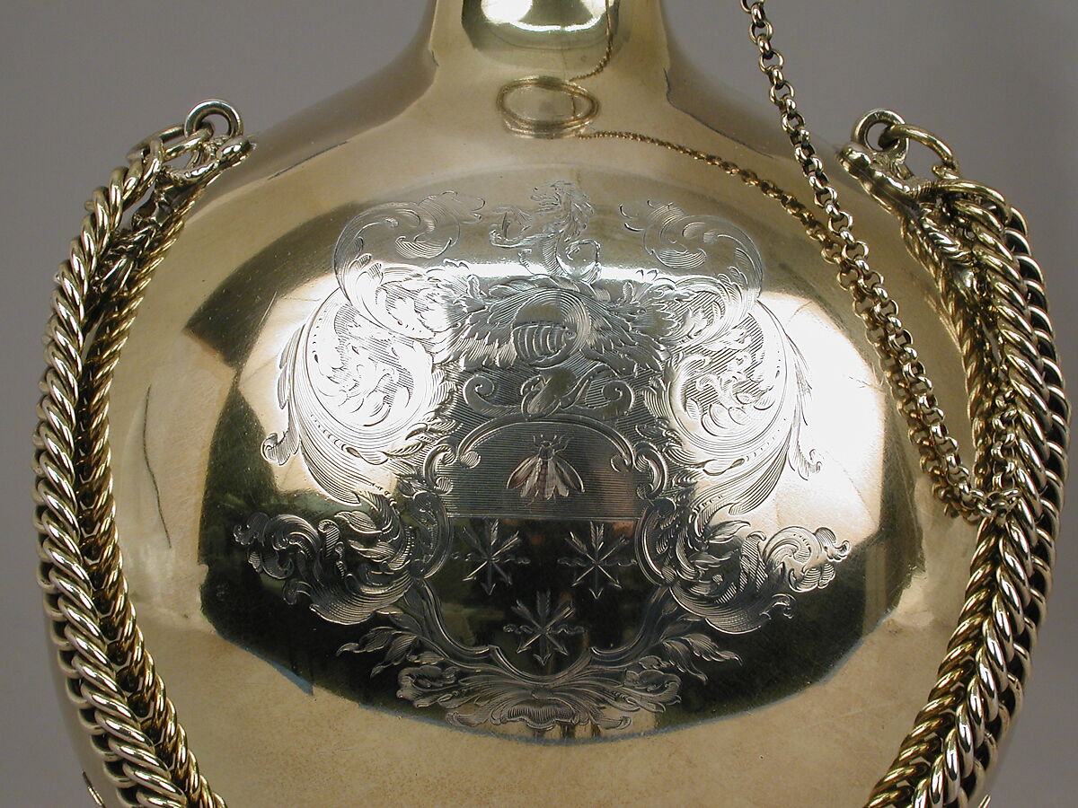 Pilgrim bottle (one of a pair), William Elliott (British, London 1762–1854 London), Gilt silver, cork, British, London