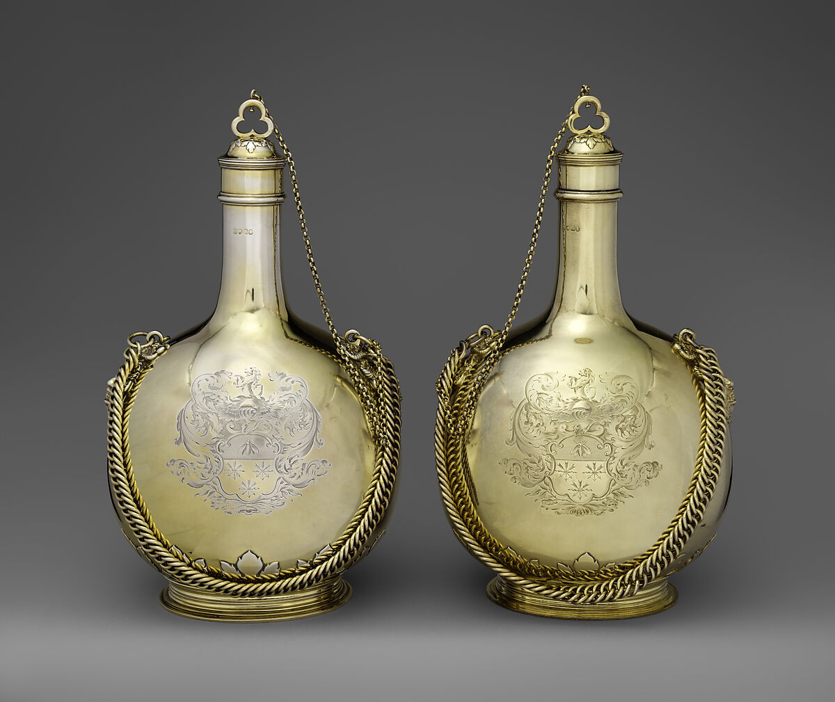 Pilgrim bottle (one of a pair), William Elliott (British, London 1762–1854 London), Gilt silver, cork, British, London