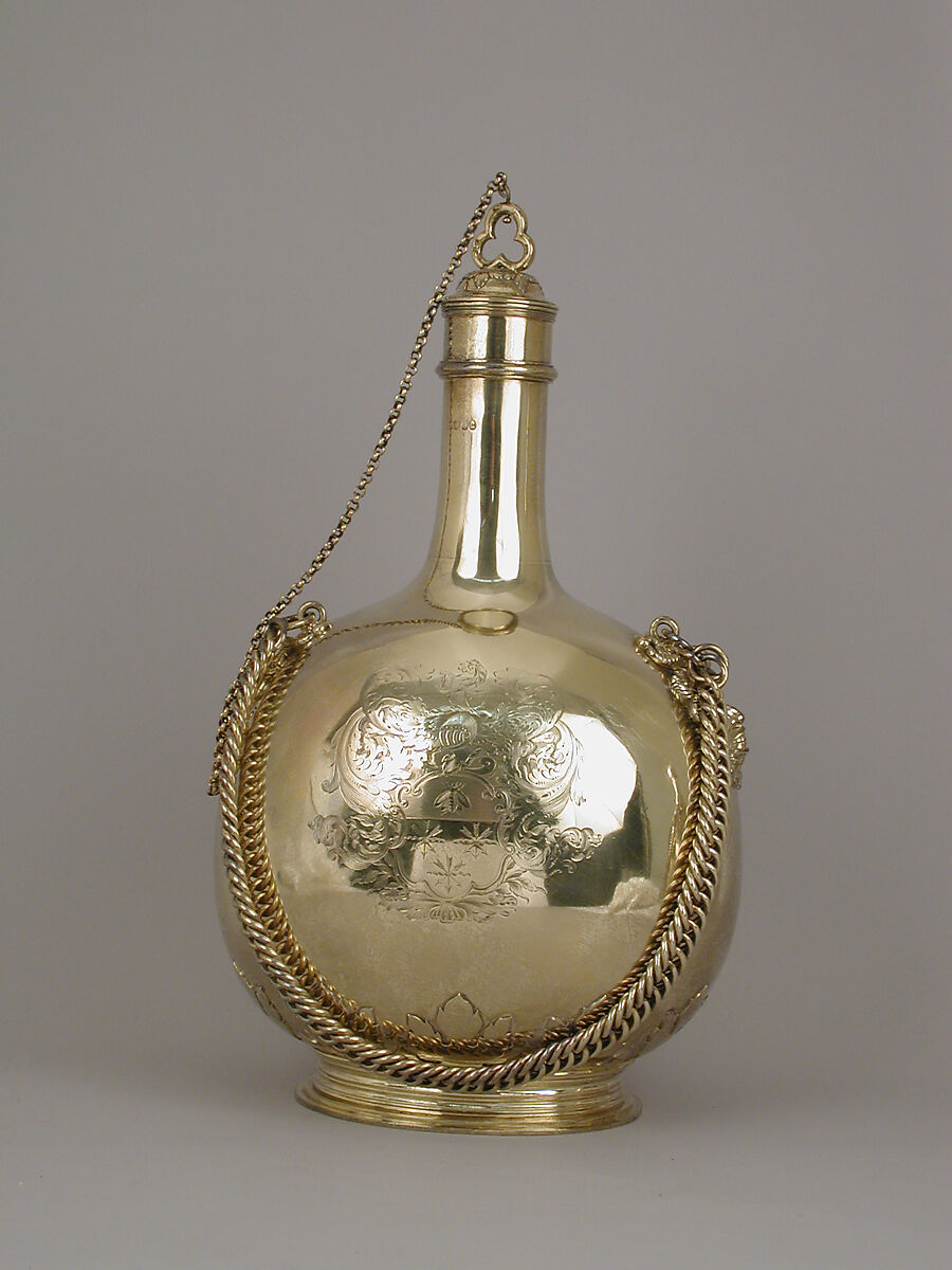 Pilgrim bottle (one of a pair), William Elliott (British, London 1762–1854 London), Gilt silver, cork, British, London 