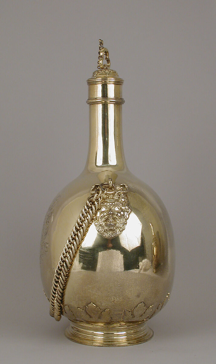 Pilgrim bottle (one of a pair), William Elliott (British, London 1762–1854 London), Gilt silver, cork, British, London