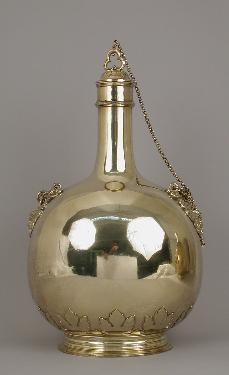 Pilgrim bottle (one of a pair), William Elliott (British, London 1762–1854 London), Gilt silver, cork, British, London