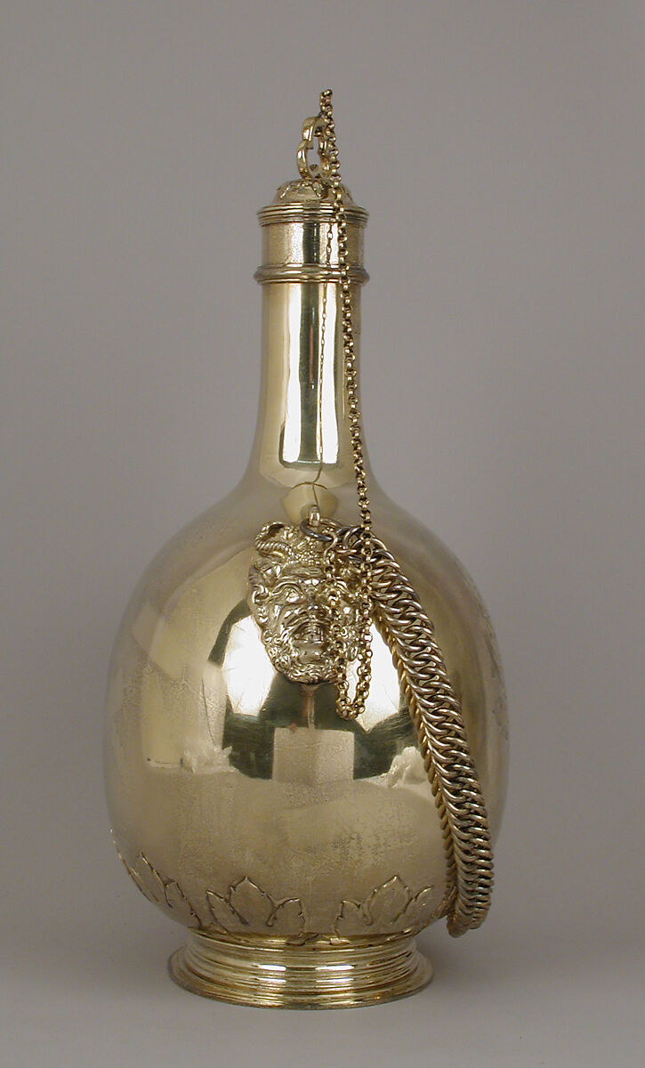 Pilgrim bottle (one of a pair), William Elliott (British, London 1762–1854 London), Gilt silver, cork, British, London