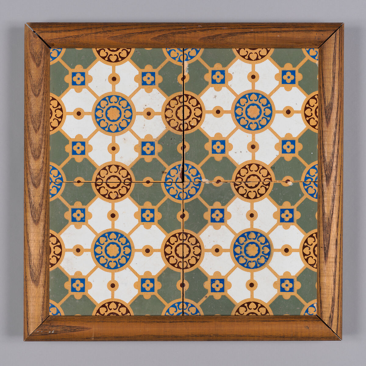 Panel of four tiles, framed, Attributed to Christopher Dresser (British, Glasgow, Scotland 1834–1904 Mulhouse), Earthenware with inlaid colored clays (encaustic), British, Stoke-upon-Trent 