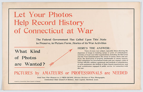 Let your photos help record history of Connecticut at war, Connecticut State Council of Defense, Commercial color lithograph 