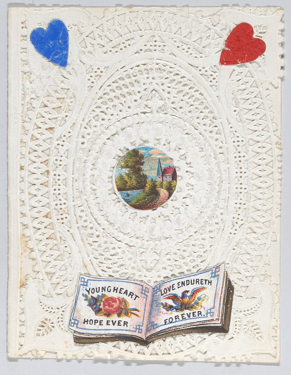 Valentine, Anonymous, Cameo-embossed, open-work lace paper, chromolithography, colored paper 
