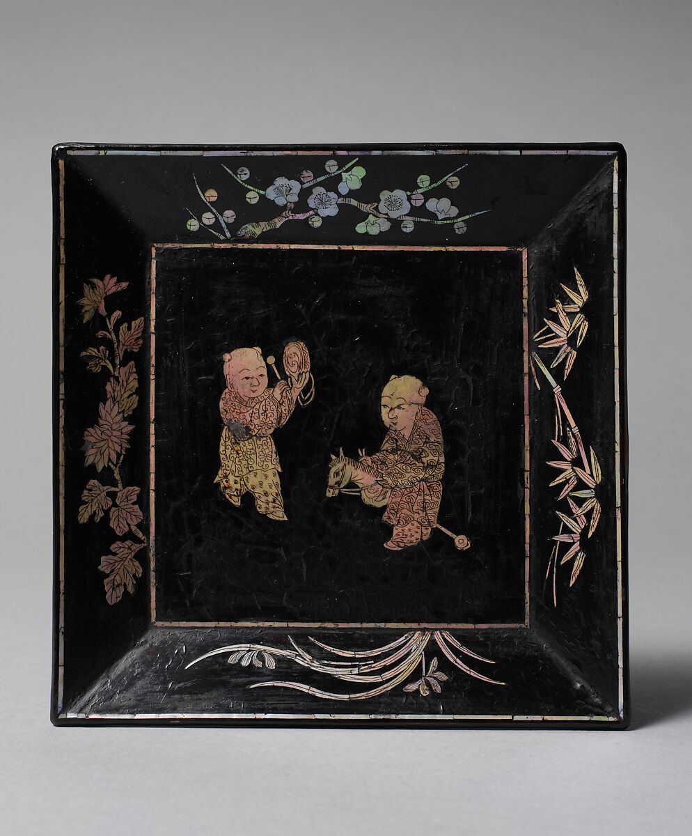 Dish with two boys, Black lacquer inlaid with mother-of-pearl, China 