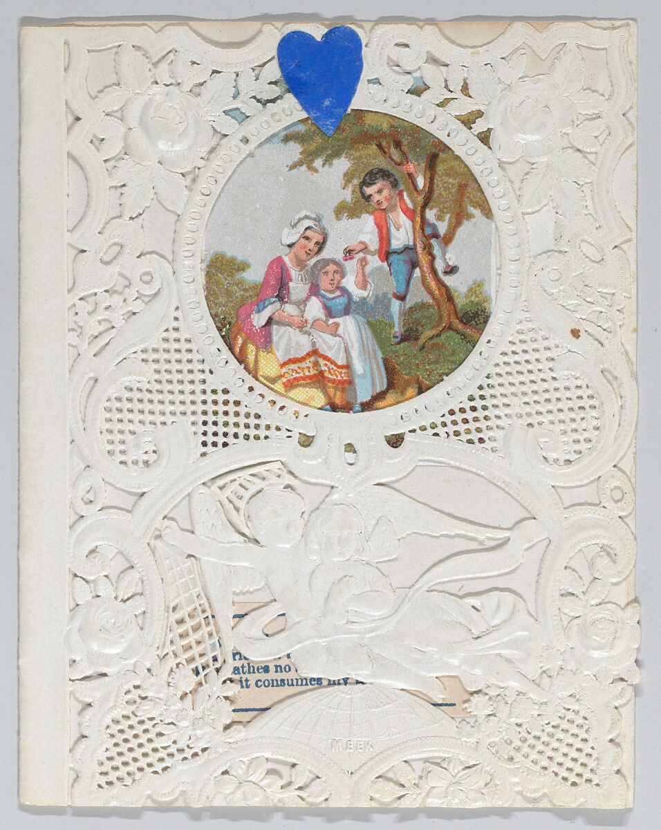Valentine, Anonymous, Cameo-embossed, open-work lace paper, chromolithography, colored paper