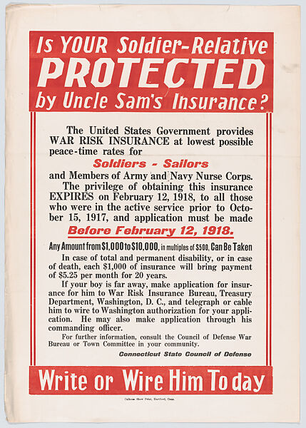 Is your soldier-relative protected by Uncle Sam's Insurance?, Connecticut State Council of Defense, Commercial color lithograph 