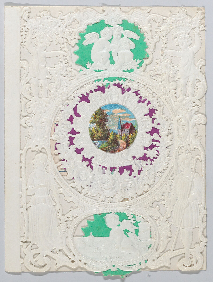 Valentine, Anonymous, Cameo-embossed, open-work lace paper, chromolithography, colored paper