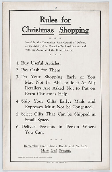 Rules for Christmas Shopping, Connecticut State Council of Defense, Commercial color lithograph 