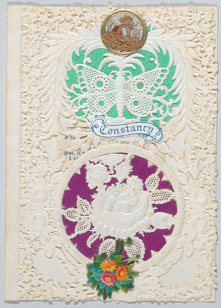 Valentine, Anonymous, Cameo-embossed, open-work lace paper, chromolithography, colored paper, cork 
