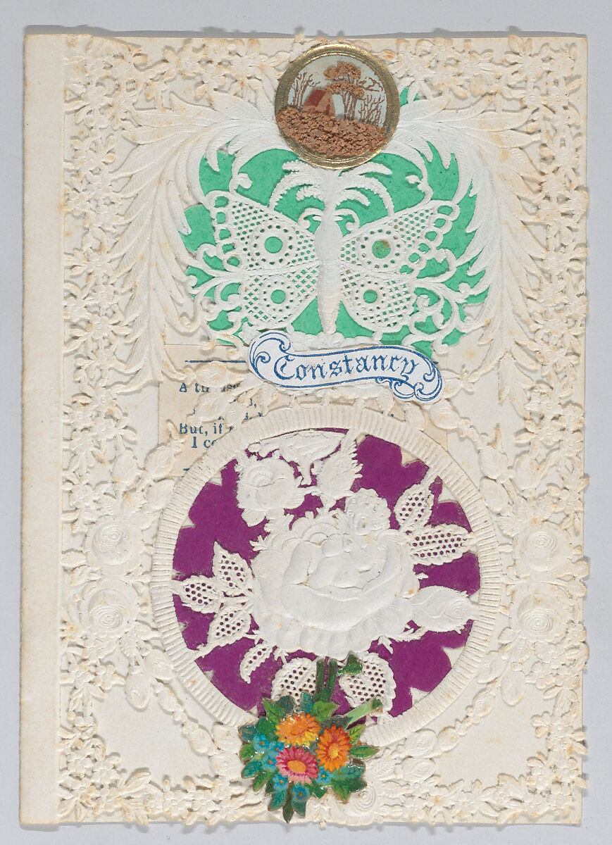 Valentine, Anonymous, Cameo-embossed, open-work lace paper, chromolithography, colored paper, cork