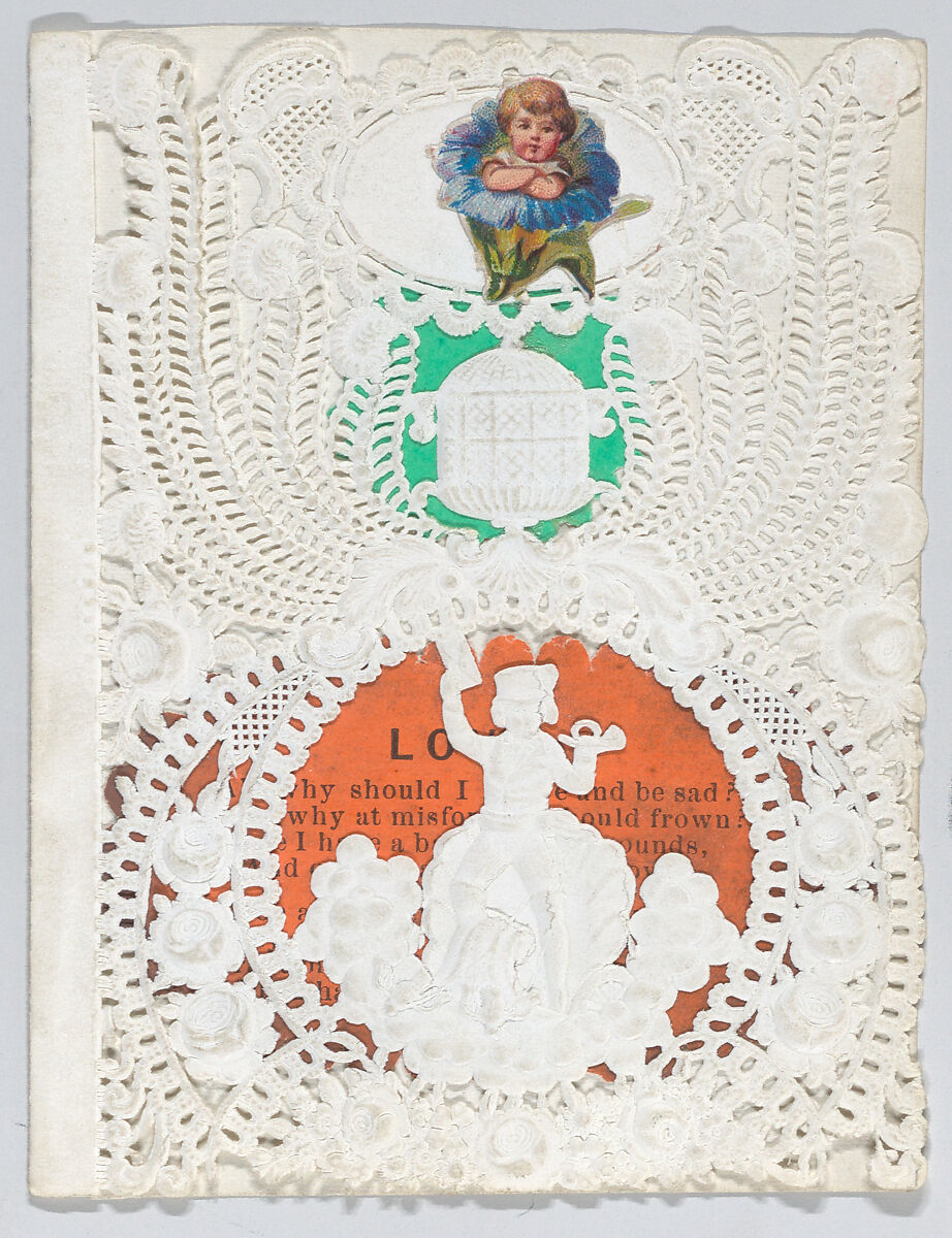 Valentine, Anonymous, Cameo-embossed, open-work lace paper, chromolithography, colored paper, graphite 