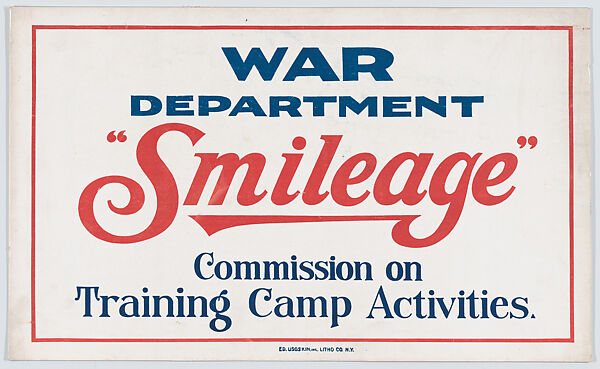 Smileage, War Department Commission on Training Camp Activities, Commercial color lithograph 