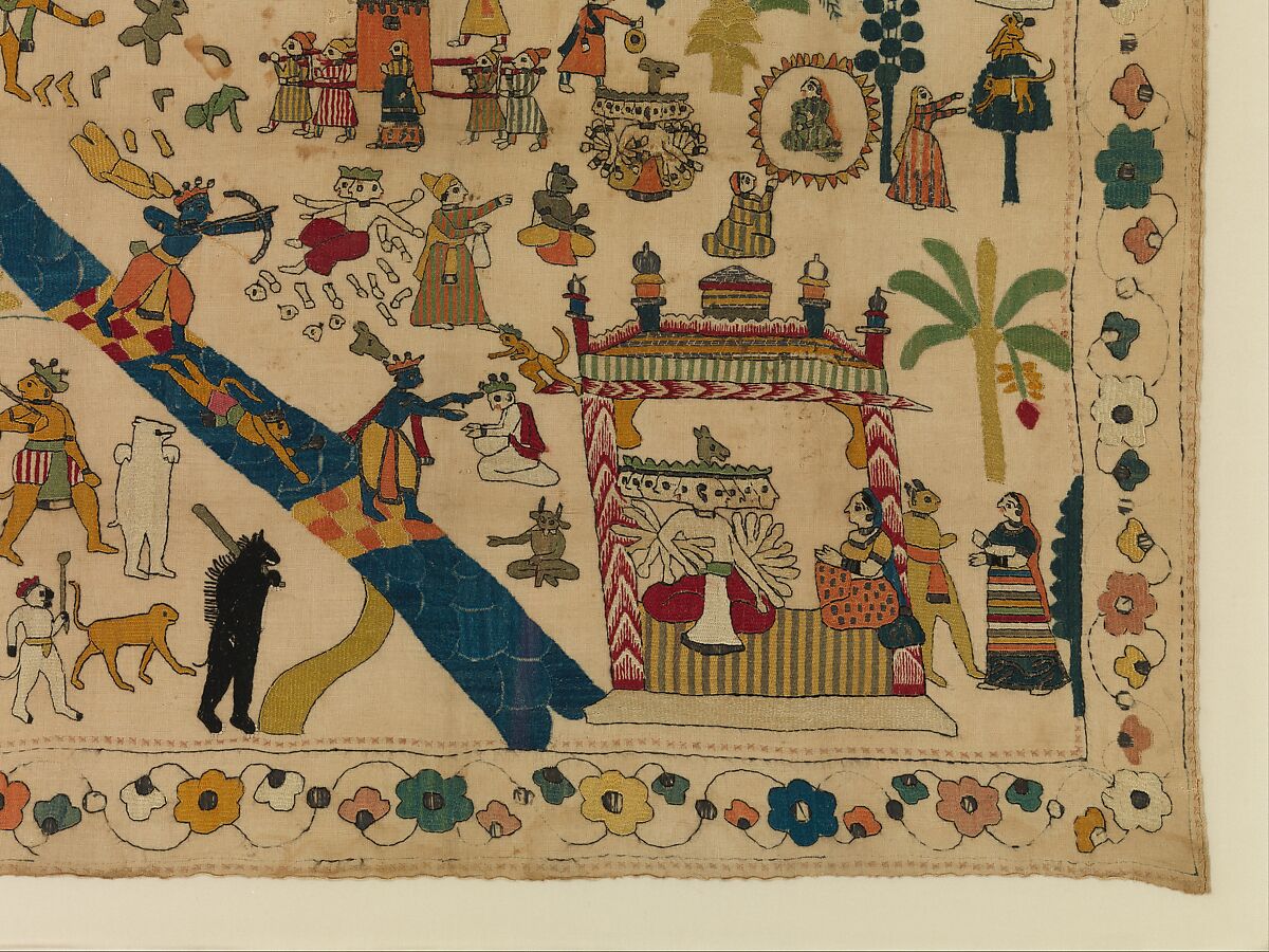 Rumal with Scenes from the Ramayana, Cotton with silk, tinsel, and metal embroidery, India (Jammu and Kashmir)