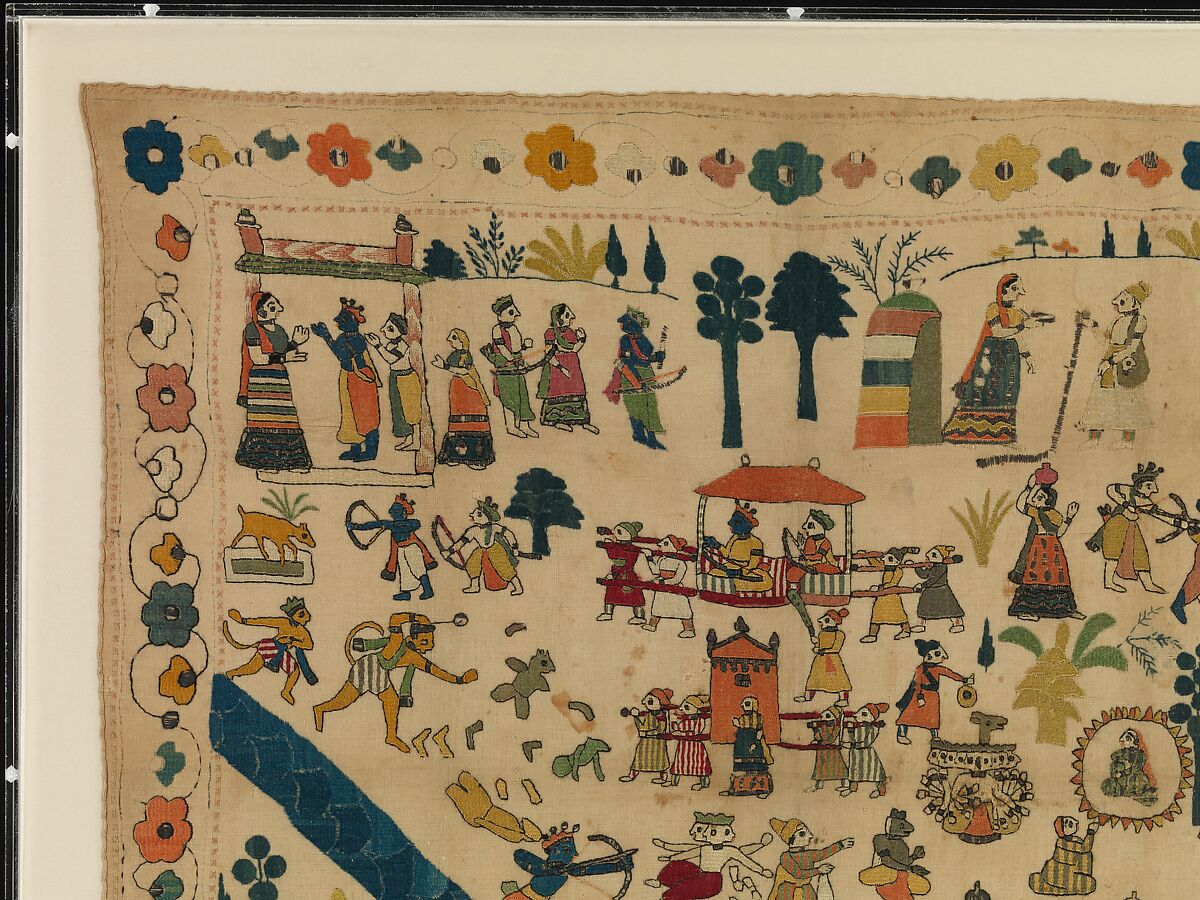 Rumal with Scenes from the Ramayana, Cotton with silk, tinsel, and metal embroidery, India (Jammu and Kashmir)