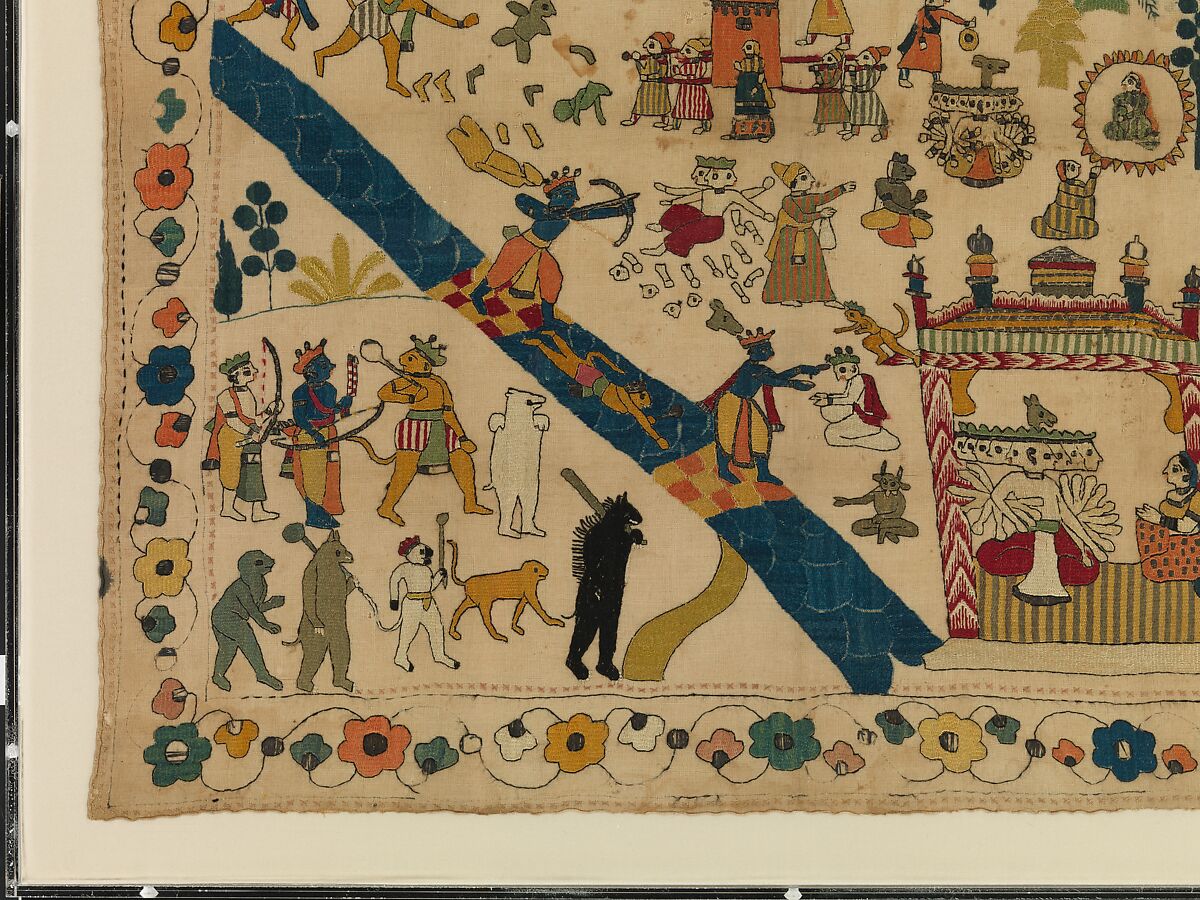 Rumal with Scenes from the Ramayana, Cotton with silk, tinsel, and metal embroidery, India (Jammu and Kashmir)