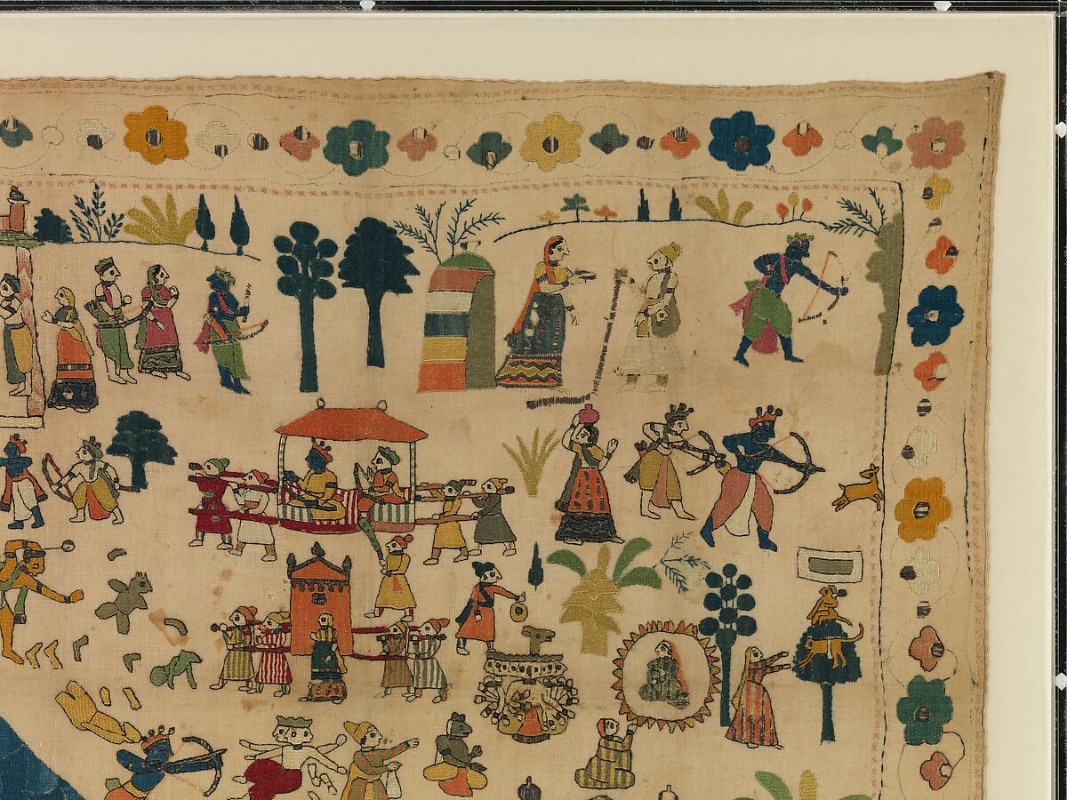 Rumal with Scenes from the Ramayana, Cotton with silk, tinsel, and metal embroidery, India (Jammu and Kashmir)
