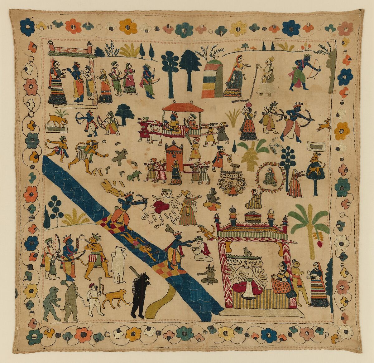 Rumal with Scenes from the Ramayana, Cotton with silk, tinsel, and metal embroidery, India (Jammu and Kashmir) 