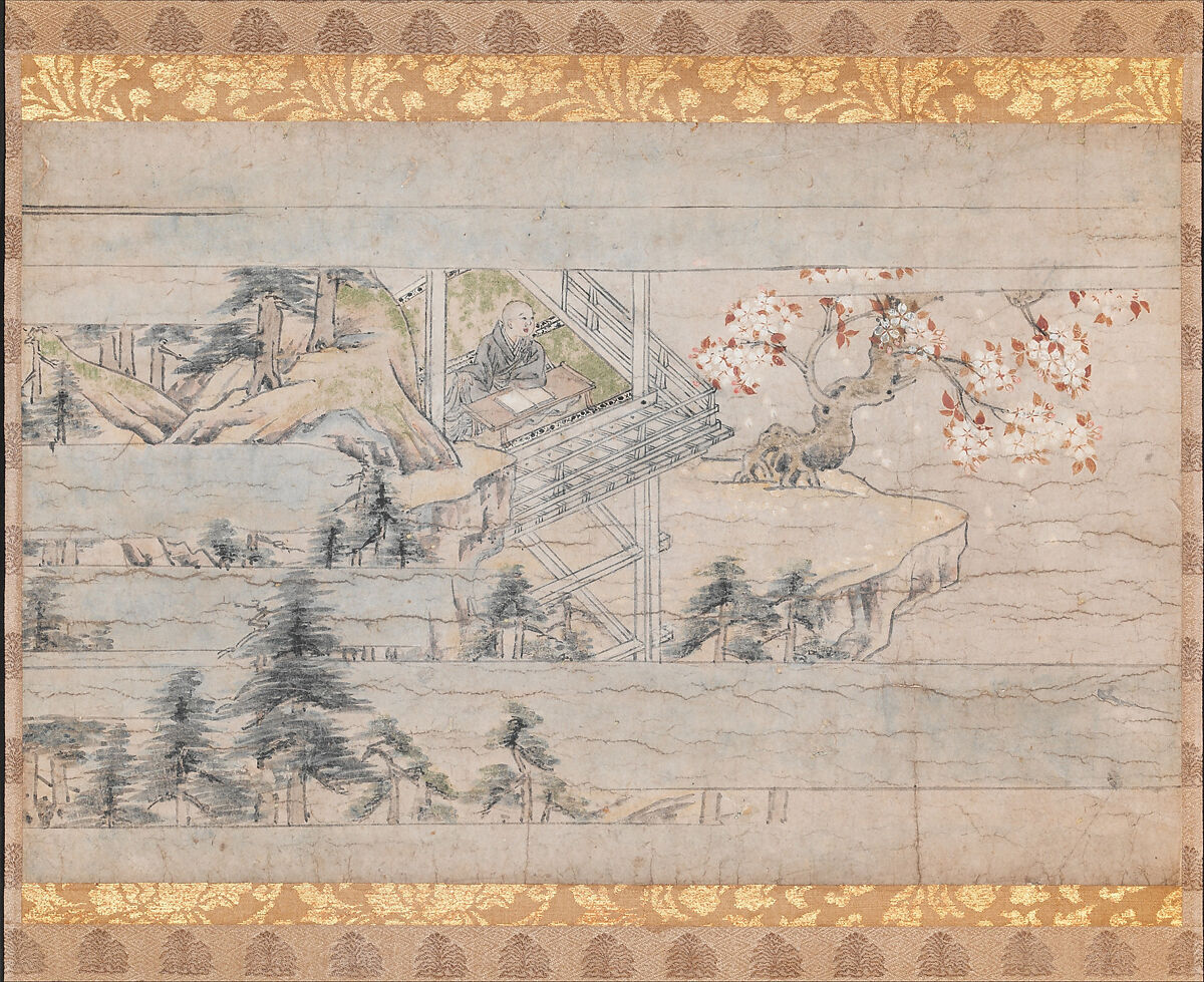 Detached section from scroll one from A Long Tale for an Autumn Night (Aki no yo nagamonogatari), now remounted in original position as part of 2002.459.1, Section of scroll 1 from a set of 3; ink, color, and gold on paper, Japan