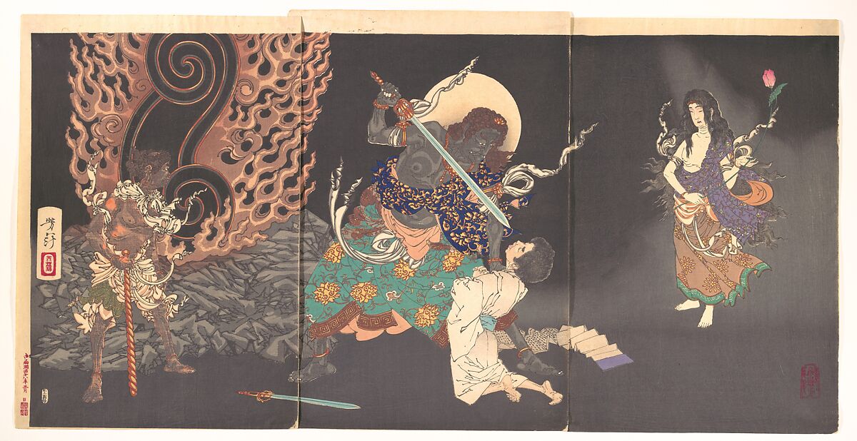 Fudō Myōō Threatening a Novice, Tsukioka Yoshitoshi (Japanese, 1839–1892), Triptych of woodblock prints; ink and color on paper, Japan 
