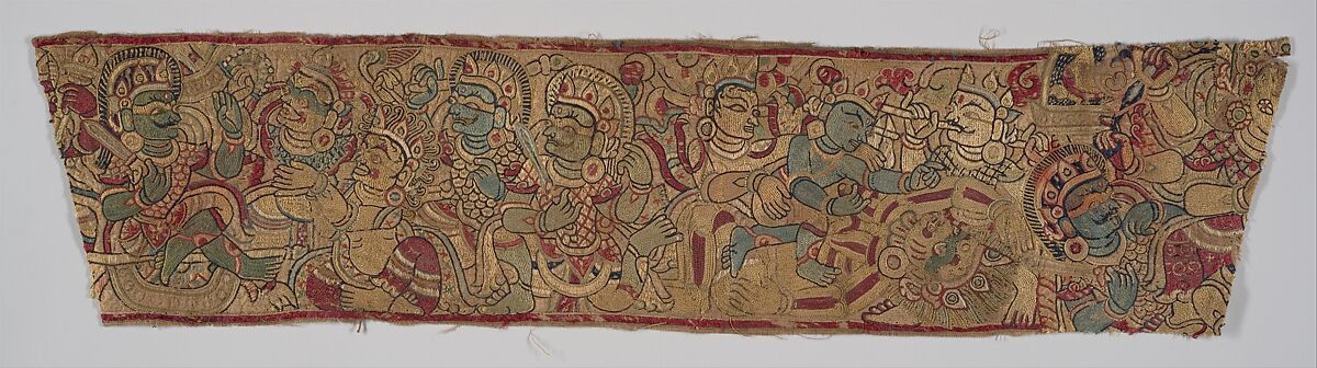 Textile Panel with Demonic Battle Scenes, Likely from the Devi Mahatmya, Silk embroidery on polished cotton, Nepal, Kathmandu Valley 