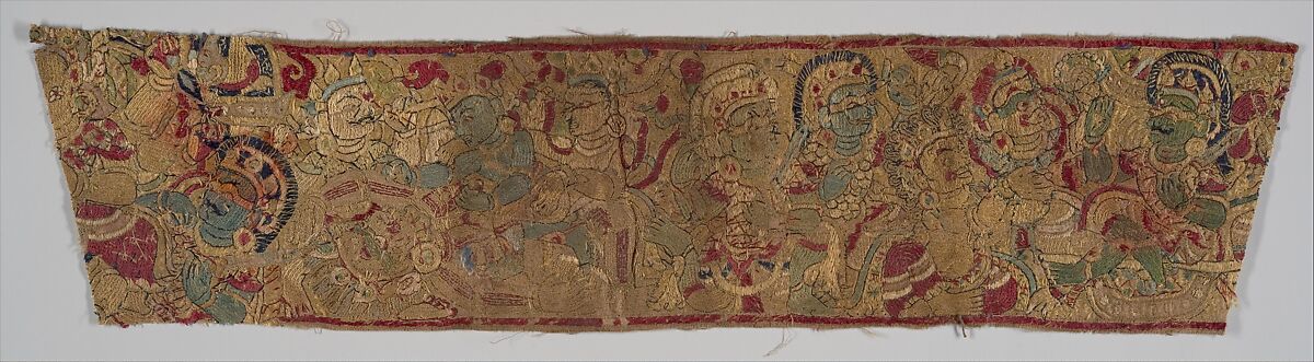 Textile Panel with Demonic Battle Scenes, Likely from the Devi Mahatmya, Silk embroidery on polished cotton, Nepal, Kathmandu Valley