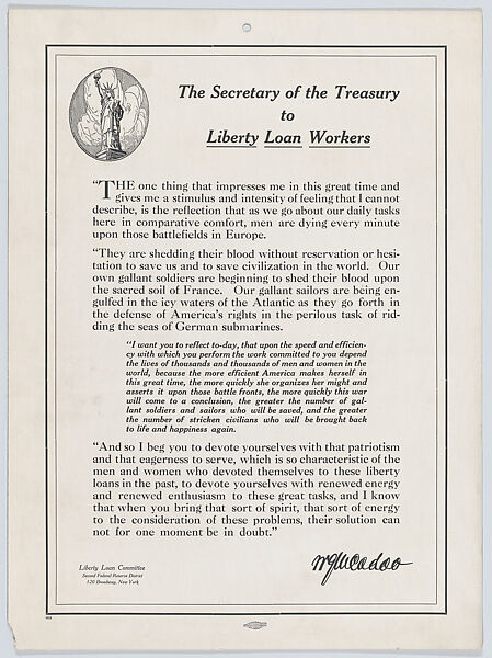 The Secretary of the Treasury to Liberty Loan Workers, Liberty Loan Committee, Commercial color lithograph 