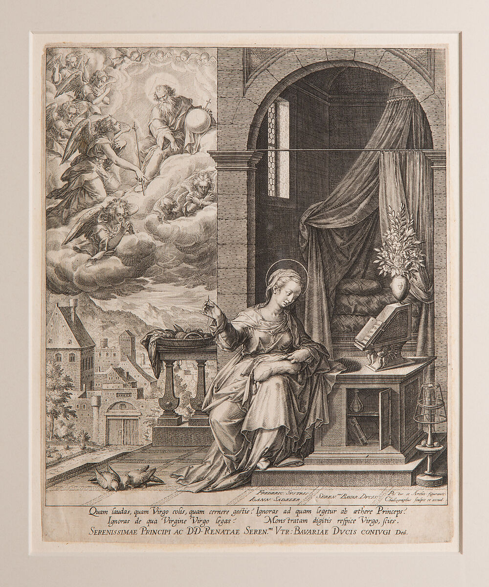 God Sending the Archangel Gabriel to the Virgin, Johann Sadeler I (Netherlandish, Brussels 1550–1600/1601 Venice), Engraving 