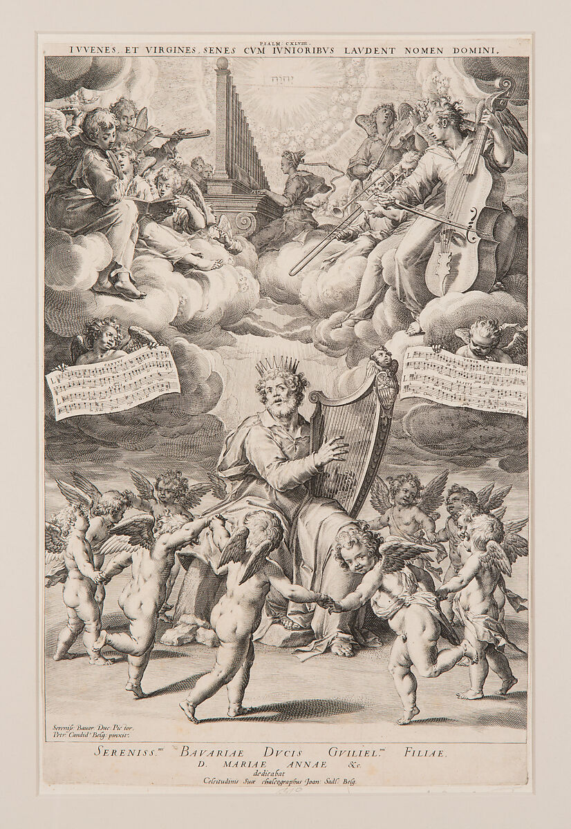 King David Playing the Harp with Angels Dancing and Playing Music, Johann Sadeler I (Netherlandish, Brussels 1550–1600/1601 Venice), Engraving 