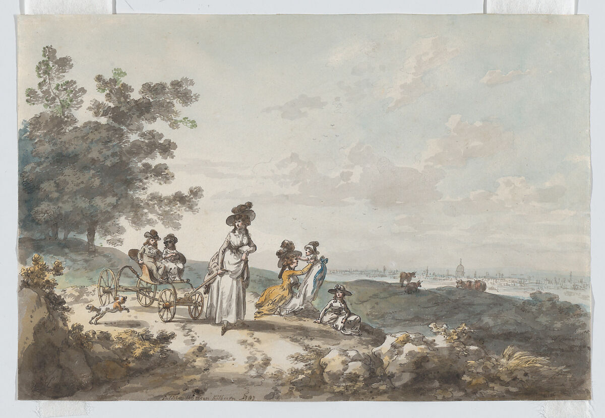 View of London with St. Paul’s in the distance: woman and children with a baby carriage, Julius Caesar Ibbetson (British, Farnley Moor 1759–1816 Masham), Watercolor, pen and ink 