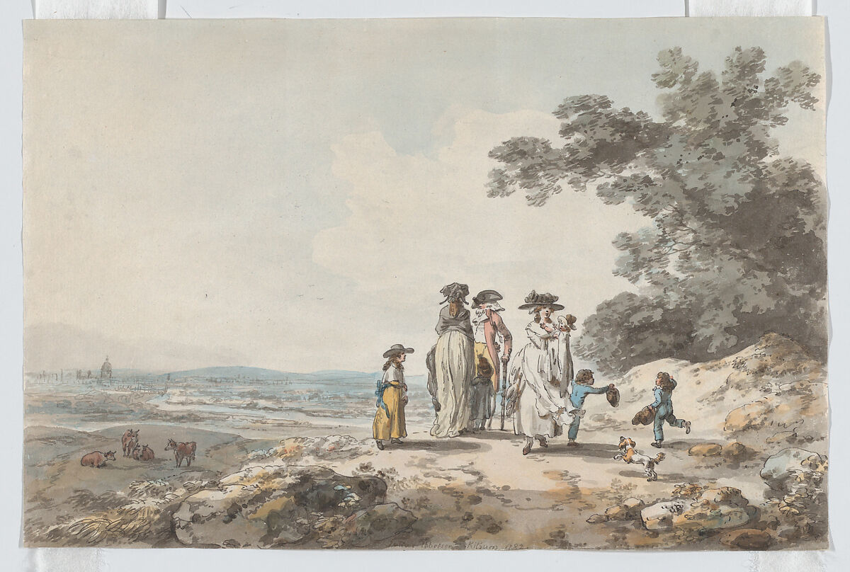 View of London with St. Paul’s in the distance: a family pausing on a road, Julius Caesar Ibbetson (British, Farnley Moor 1759–1816 Masham), Watercolor, pen and ink 