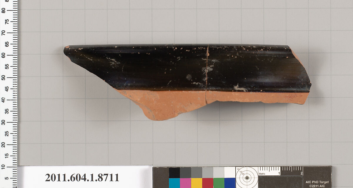 Terracotta fragment of a kylix (drinking cup), Terracotta, Greek, Attic