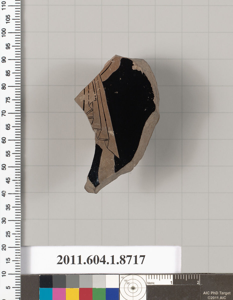 Terracotta fragment of a kylix (drinking cup), Terracotta, Greek, Attic 
