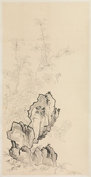 Flowering Peach and Rock, Xie Zhiliu (Chinese, 1910–1997), Drawing mounted as a hanging scroll; ink on paper, China 