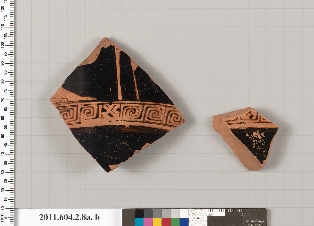 Terracotta fragments of a neck-amphora (jar), Terracotta, Greek, Attic