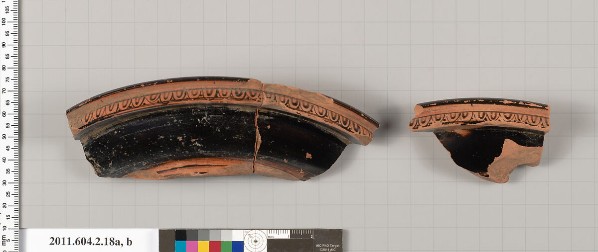 Terracotta fragments of a neck-amphora (jar), Terracotta, Greek, Attic 