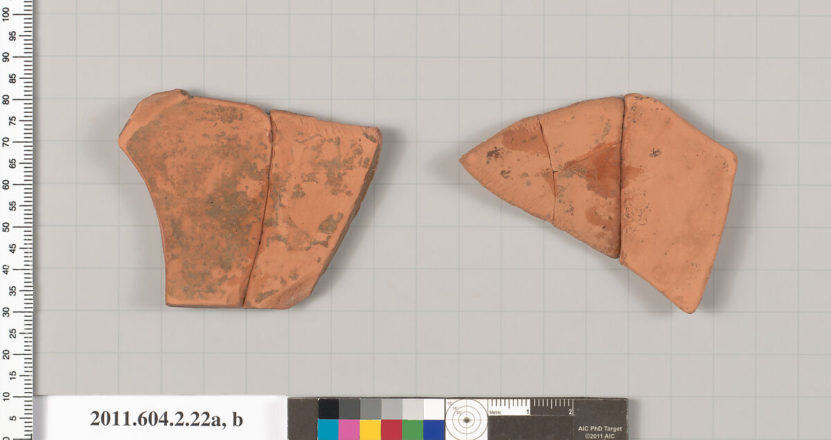 Terracotta fragments of a psykter (vase for cooling wine), Terracotta, Greek, Attic
