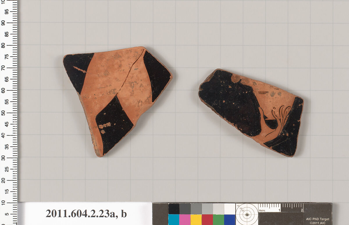 Terracotta fragments of a psykter (vase for cooling wine), Terracotta, Greek, Attic 