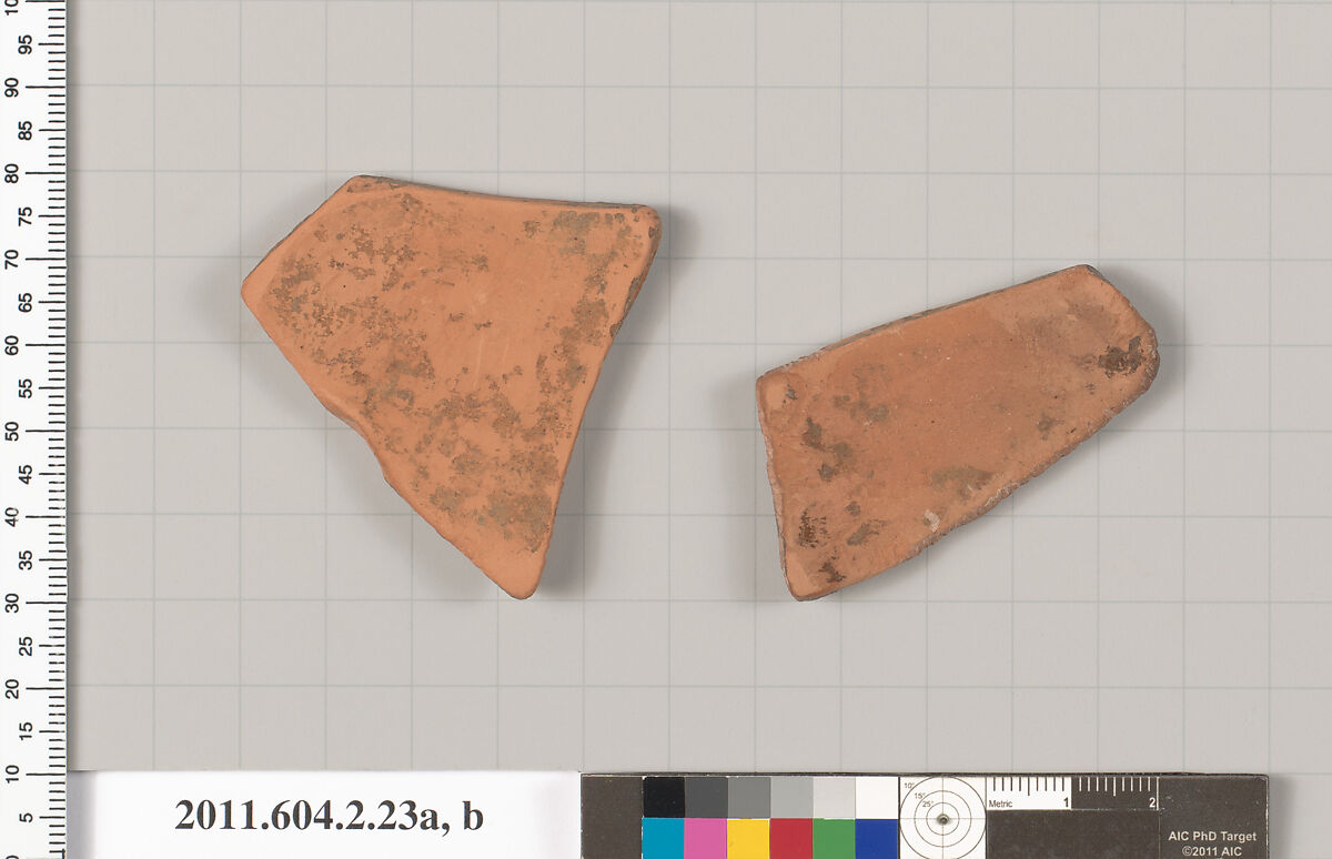 Terracotta fragments of a psykter (vase for cooling wine), Terracotta, Greek, Attic