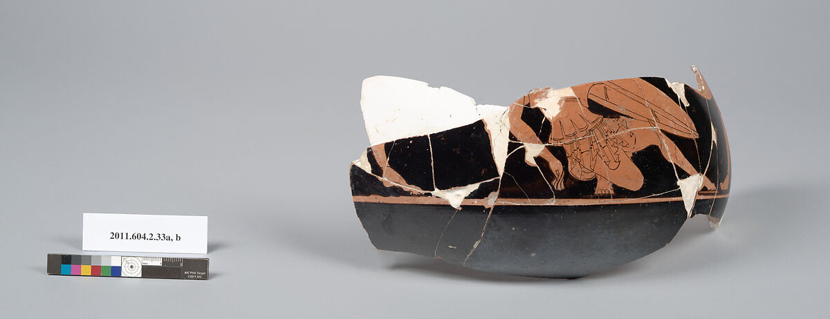 Terracotta fragments of a psykter (vase for cooling wine), Terracotta, Greek, Attic 